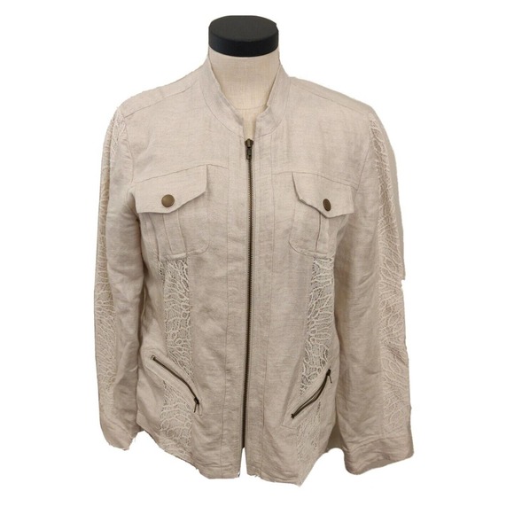 Chico's Women Full Zip Linen Jacket Lace Detailing Ivory Size 1 Long Sleeve - Picture 1 of 6
